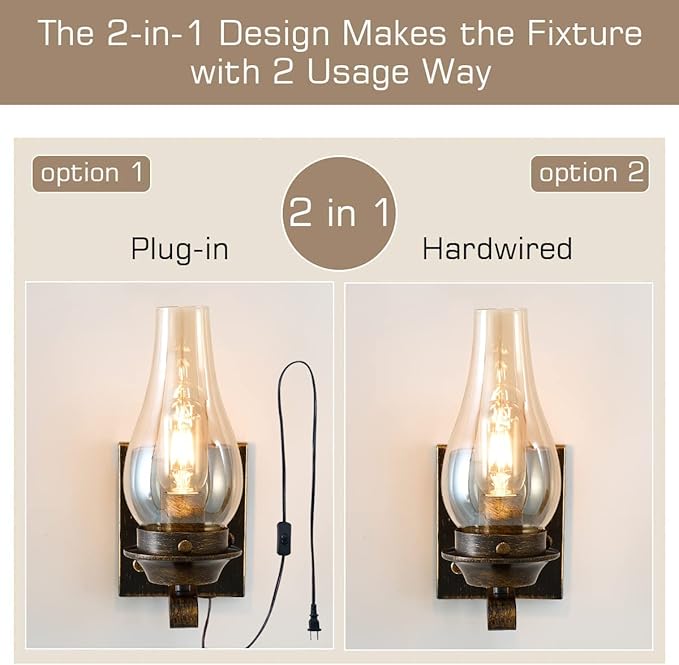 Yisuro Plug in Wall Sconce,Oil Rubbed Bronze Wall Sconces,Retro Rustic Wall Lamps,Sconces Wall Lighting with Amber Glass,Indoor Vintage Bedside Wall Lighting for Living Room Bathroom