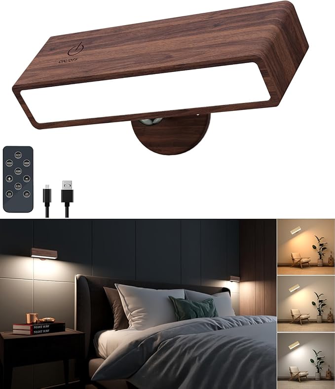 YiLaie Rechargeable Wall Lights for Bedroom,Battery Operated Wall Sconce with Remote Control, Wireless Wall Mount Lamp with 3 Color Temperature for Bedroom,Wood Wall Lights Dimmable,Bedside Reading