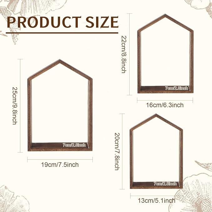 3 Set Wall Shelf 9.8 x 7.1 Inch Wooden Hanging Shelf Deep Display Storage Shelves Floating Shelves for Home Office Room Mini Figures Potted Plants Wall Decor(House,Brown)