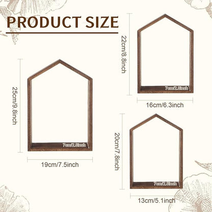 3 Set Wall Shelf 9.8 x 7.1 Inch Wooden Hanging Shelf Deep Display Storage Shelves Floating Shelves for Home Office Room Mini Figures Potted Plants Wall Decor(House,Brown)