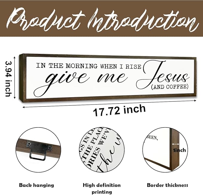 Coffee Wood Sign, Rustic Wooden Hanging Signs, Desk Decor Art, Coffees Lover Decoration for Home Kitchen Bedroom, Coffees Station Decor, When I Rise Give Me Jesus and Coffee Sign, 17.8x4x1.2 inches