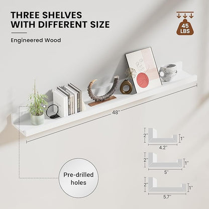 Heimlove 48 Inch Picture Ledge Shelf with Lip,White Floating Shelves for Wall Set of 3,Long Wall Shelves in Varying Depths for Living Room,Bedroom,Nursery,Bookshelf