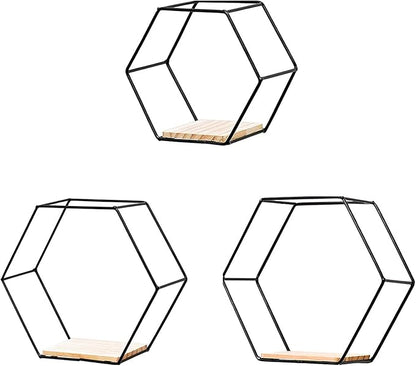 3Pcs Hexagonal Floating Shelves Wall Decor Modern Gold Hexagon Shelves for Wall Decorative Hexagon Metal Wire Storage Shelves Wall Mounted Floating Shelf Display Storage Rack for Bedroom Living(Black)