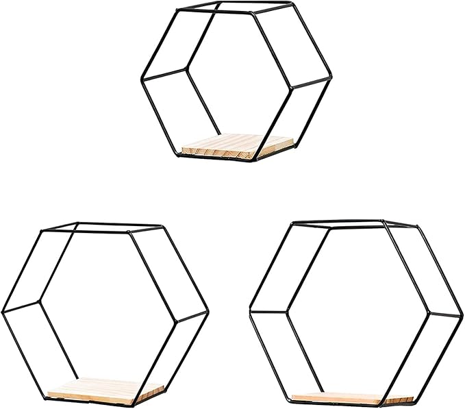 Hexagon Floating Shelves, Wall Mounted Decorative Geometric Shelf for Wall Decor, Set of 3 in Different Sizes Modern Metal Wall Shelf, Farmhouse Style Shelves for Bathroom Living Room, Black