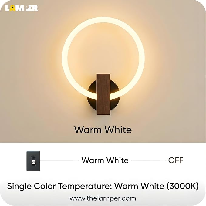 Lamper Lunaris Halo LED Wall Light Hardwired 1 Pack Modern Ring Wall Sconce for Bedroom & Living Room Warm White Indoor Wall Mounted Light Fixture for Hallway, Office & Accent Wall Décor