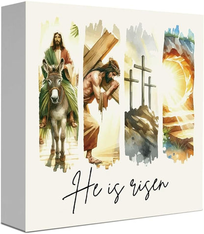 Christian Sign Christian Decor Decorations Rustic Farmhouse Religious Jesus Table Decorations for Home Office Desk Table Shelf Tiered Tray Decor He Is Risen Wooden Sign 5 X 5 Inch