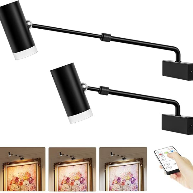 PESUTEN Battery Operated Picture Light, Adjustable Length Wireless Art Light for Paintings CCT Dimmable Rechargeable Picture Light with Remote Control for Gallery Reading Dartboard Bathroom 2PCS