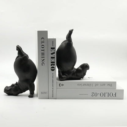Lukitas Upside Down Hippo Decorative Bookends, Non-Slip Book Holders, Whimsical Animal Ornaments for Office Home Bookshelf Decor, Black, Resin 8.5''