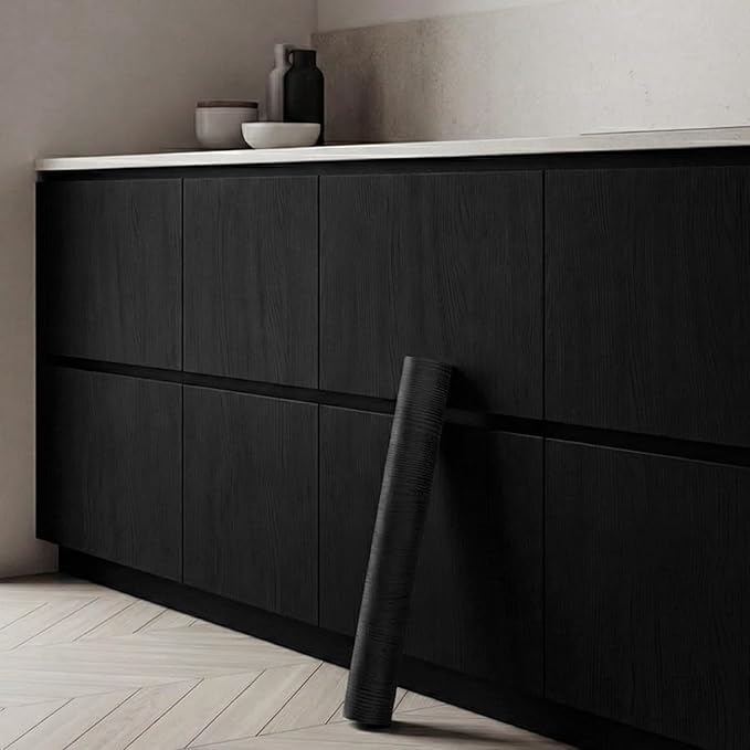 Matte Black Wood Grain Contact Paper 17.3" x 118" Thick Vinyl Removable Peel and Stick Self Adhesive Wallpaper for Kitchen Countertops Cabinets Furniture