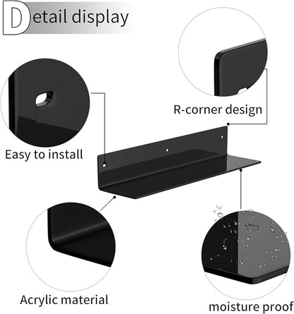 16 Inches Black Acrylic Wall Shelves 2 Pack, L Shape Floating Shelf, Acrylic Corner Shelf for Model Car, Candle, Calendar, Towel, Toiletries, Moisture-Proof, 4'' Depth