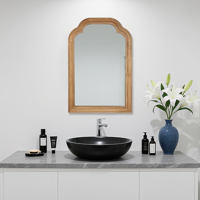 Wood Framed Bathroom Mirror for Wall, 16 x 24 Inch Rustic Wood Frame Wall Mirrors Decorative for Living Room, Vanity, Bedroom, Entryway and Farmhouse, Tempered Glass, Shatterproof