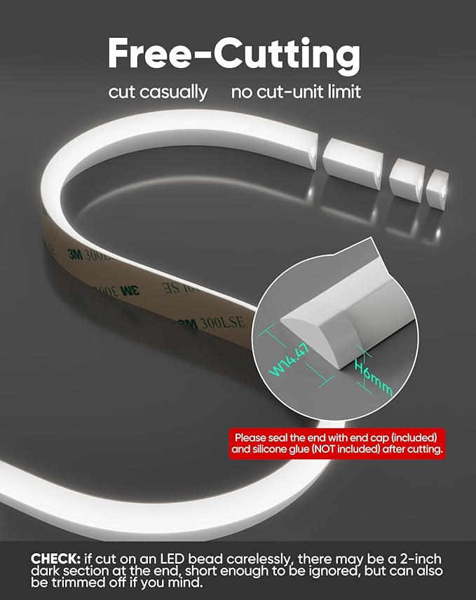 Shine Decor Under Cabinet Lighting Strip, Free Cuttable LED Silicone Neon Rope Hardwired 24V Anti-Glare Bright Cozy 2016 Lumen for Indoor, Adhesive White Shell 6000K Cool 96” UL Certified, No Adapter