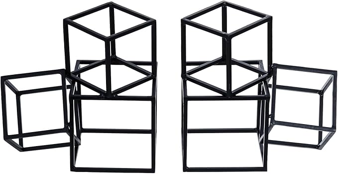 MyGift Modern Black Metal Geometric Bookends, Decorative Book Ends Stands for Home Library Bookshelf Office Desk, 1 Pair, Handcrafted in India, 3 Cube Frame Design