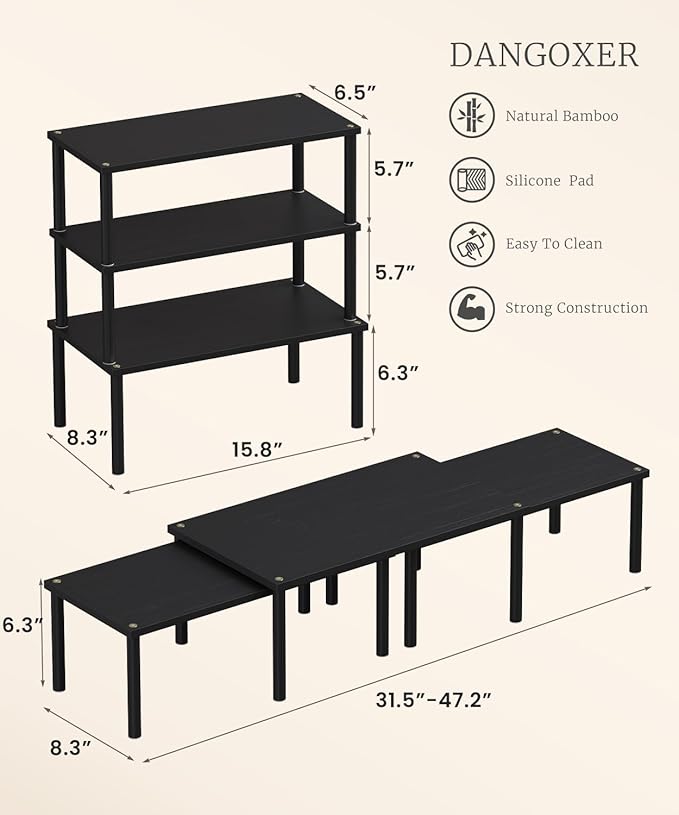 Cabinet Organizer Shelf(Set of 3),Bamboo Kitchen Counter Shelves for Countertop and Cabinet,Stackable Shelf Spice Racks,Large(Black)