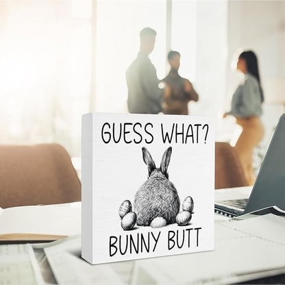 Easter Bathroom Decor - Easter Decorations for Home - Funny Bunny Wooden Sign Home Bathroom Toilet Desk Table Shelf Decor - 5 x 5 Inches