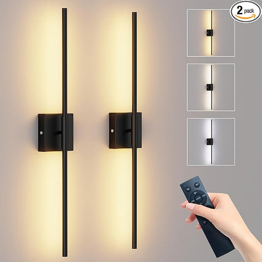 Shineled Wall Sconces Set of 2, 29'' Battery Wall Sconce with Remote Control, 350° Black Rotatable Dimmable Wall Lamp, Wireless Wall Lights for Bedroom, Living Room
