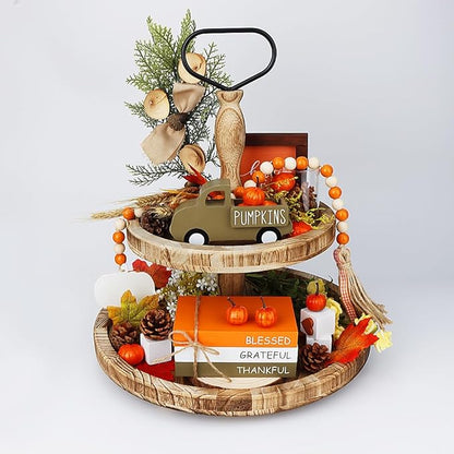 Fall Table Decor, Farmhouse Wooden Fall Signs with Book Stack, 3D Truck and 5 Individual Pumpkins for Tiered Tray, Coffee Bar, Shelf and Mantle Decor - Fall Decorations for Home