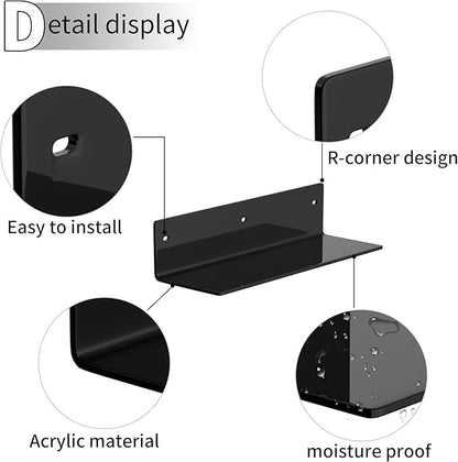 12 Inches Black Wall Shelves Set of 2, Acrylic Bathroom Shelves Wall Mounted for Home Décor, Plants, Cosmetics, Skincare, Moisture-Proof, 4'' Depth, 2 Pack