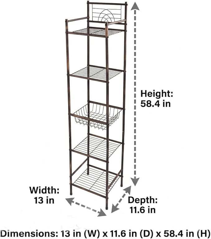 Bath Bliss 5 Tier Storage Shelf | 13"x 11.6"x 54.5" | Freestanding | Bathroom Storage | Rust Resistant | Easy Assemble | Oil Rubbed Bronze