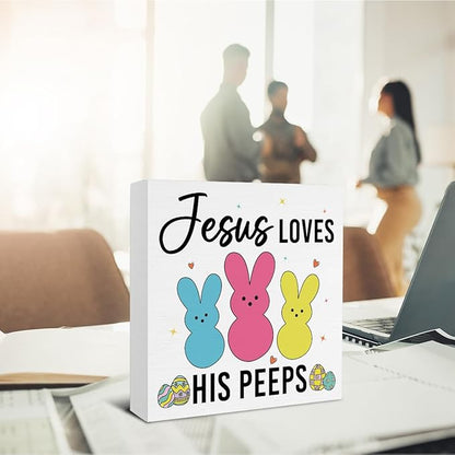 Easter Bathroom Decor - Easter Decorations - Jesus Loves His Wooden Sign Home Bathroom Toilet Desk Table Shelf Decor - 5 x 5 Inches