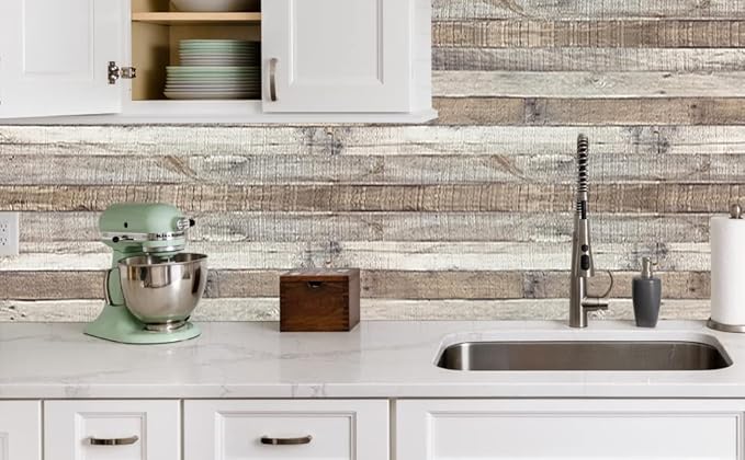 Yun-aeon 17.3"x 1200"Natural Wood-Grey Wood Contact Paper Peel and Stick Wallpaper Self Adhesive Removable Vintage Faux Wood Wall Paper Plank Shelf Home Decoration Kitchen Counter Cover Use