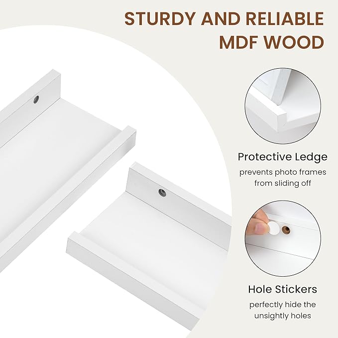Heimlove Picture Ledge Shelf,24 inch Long Floating Shelves for Wall Set of 2,White Picture Shelf with Lip for Wall Decor,Living Room,Bedroom,Bookshelf,Nursery,Perfume