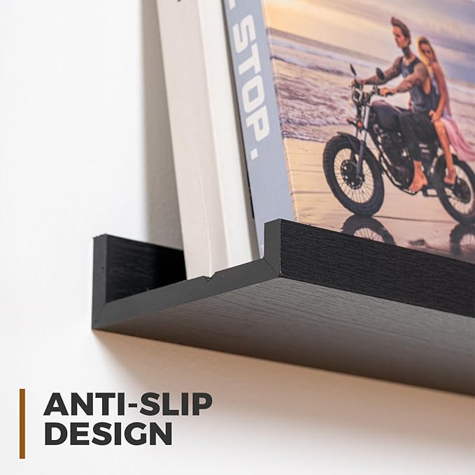 Muzilife 16" Floating Wall Ledge Shelves with Lip - Set of 2 Wood Floating Shelves - Widened Black Wall Mounted Picture Ledge for Office, Bathroom, Bedroom, Living Room, Kitchen