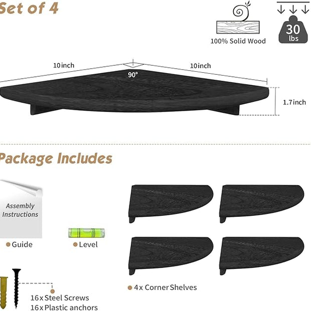 Forbena Black Corner Floating Shelves for Wall Set of 4, Small Rounded Corner Shelves Wall Mount for Bedroom Books, Mini Wood Hanging Corner Shelf for Bathroom Decor, Living Room, Small Spaces