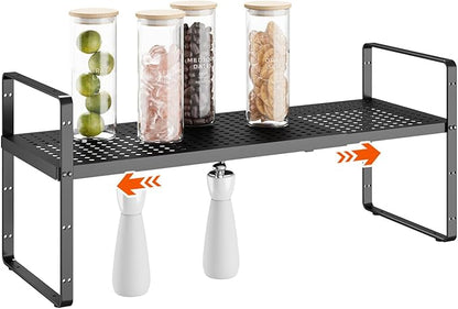 16.5-27’’L Expandable Cabinet Countertop Shelf Organizer, Stackable Metal Shelves, Kitchen Organizers and Storage, Black Storage Spice Rack for Pantry and Cupboard
