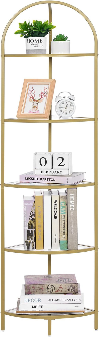 Homhedy 5-Tier Corner Shelf Stand, Metal Corner Bookshelf, Tempered Glass Shelves, Bathroom Storage Rack Shelf, Plant Stand, Modern Style, Golden
