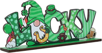 St Patricks Day Decor for Table Irish Lucky Decoration Leprechaun Wooden Centerpieces Rustic Farmhouse Sign for Tabletop Home Shelf Office St Patricks Day Party Decoration Green