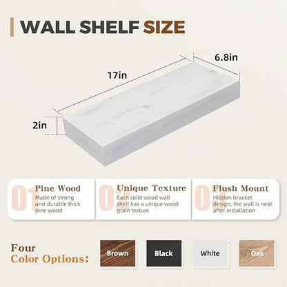 17x6.8x2 Inch Rustic Floating Shelves for Wall Set of 2 - White Solid Wood Wall Mounted Shelves with Invisible Bracket, Compact Design for Farmhouse Living Room Bedroom Kitchen Decor