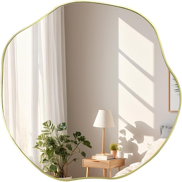 POZINO Irregular Shaped Mirror, 16" Asymmetrical Mirror, Gold Scalloped Rounded Mirrors, Modern Frameless Abstract Mirrors for Living Room Bedroom Bathroom Entryway Fireplace Hallway