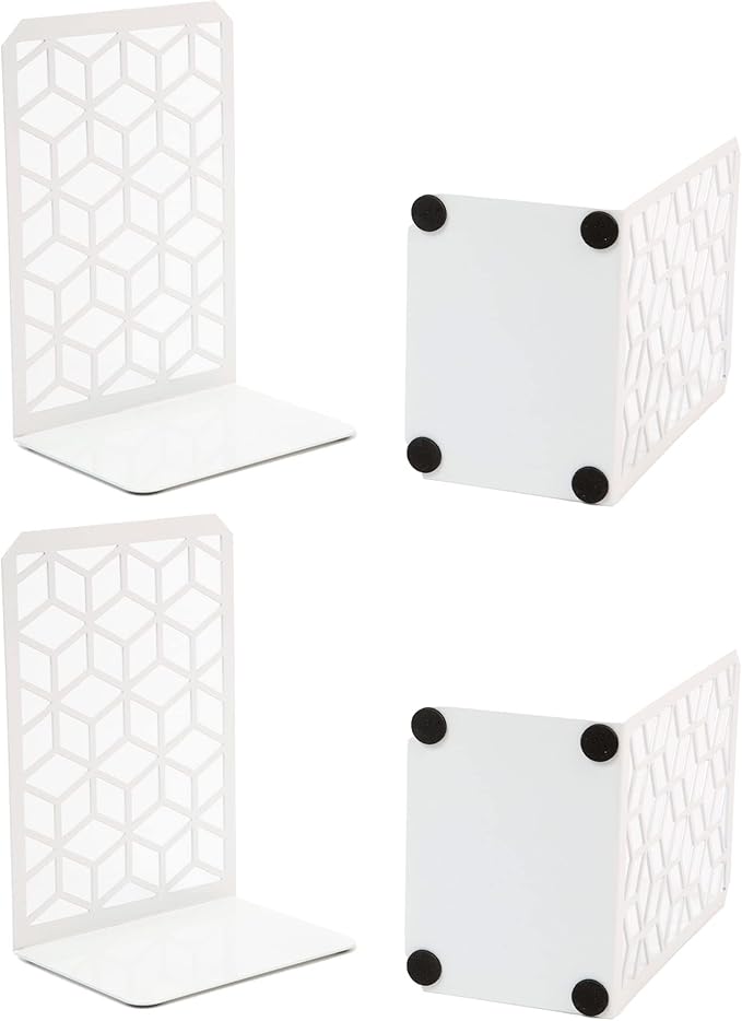 Geomod 3D Cube White Metal Bookends Decorative for Heavy Books - Sturdy Boho Book Stops - Minimal Book Shelf Stopper - Durable Office Bookends - Weighted Metal Book Holders - 7x4.75 Inches - 2 Pair