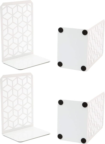 Geomod 3D Cube White Metal Bookends Decorative for Heavy Books - Sturdy Boho Book Stops - Minimal Book Shelf Stopper - Durable Office Bookends - Weighted Metal Book Holders - 7x4.75 Inches - 2 Pair