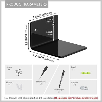 4 Inches Black Small Wall Shelves Set of 2, Acrylic Wall Organizer Shelf Display Shelves for Bedroom, Gaming Room, Living Room, Bathroom, Office, 2 Pack