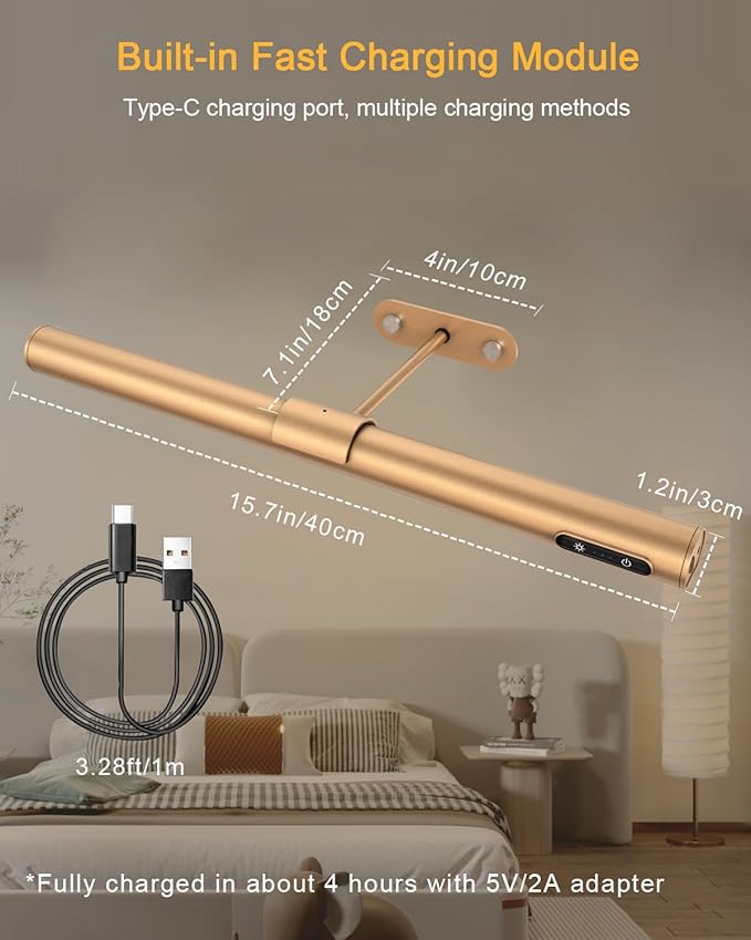 GOVSSING Picture Lights for Wall - 4000mAh Rechargeable Battery Wireless Picture Light with Remote, 3 Color Temps & Dimmable, 15.7” Rotatable Art Light, Memory & Timer Functions, Rose Gold