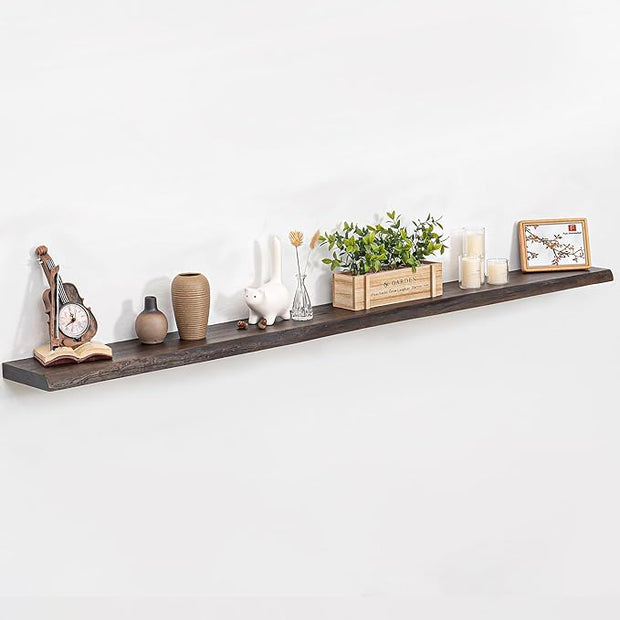 Fun Memories Floating Shelves for Wall, 72"x9.3" Rustic Solid Live-Edge Elm Wood Wall Shelves, Heavy-Duty Floating Shelves with Invisible Brackets for Living Room, Bedroom, and Kitchen, Grey Finish