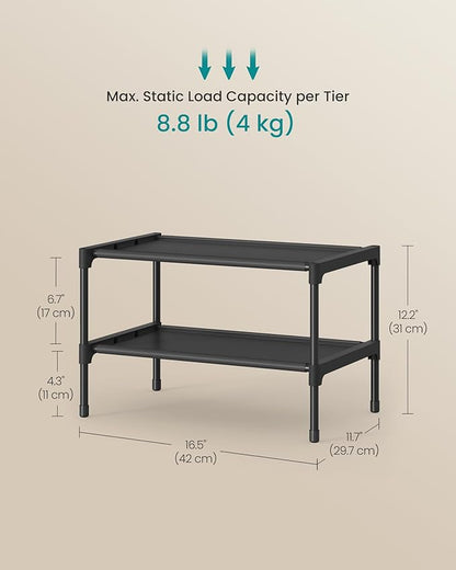 SONGMICS Shoe Rack, 2-Tier Shoe Storage Organizer, Space-Saving, 11.7 x 16.5 x 12.2 Inches, Entryway, Metal Frame, Non-Woven Fabric Shelves, Ink Black ULSH012BH01
