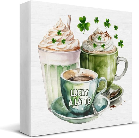 St. Patrick's Day Decor - St Patricks Day Decorations - St. Patrick's Day Coffee Lucky a Latte Wooden Sign Home Coffee Bar Kitchen Table Desk Shelf Decor 5×5 Inches