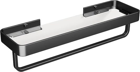 Danpoo 16 Inch Long Floating Bathroom Shelf with Towel Bar, Clear Tempered Glass Wall Shelf with Hand Towel Holder for Bathroom Storage Organizer, Matte Black