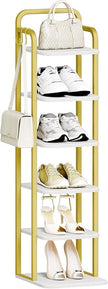 6 Tiers Vertical Shoe Rack, Narrow Shoe Tower, Tall Shoes Shelf with 2 Hooks, Adjustable Shelves, Corner Shoes Shelves for Small Spaces, Entryway, Living Room, White Gold SR04213A