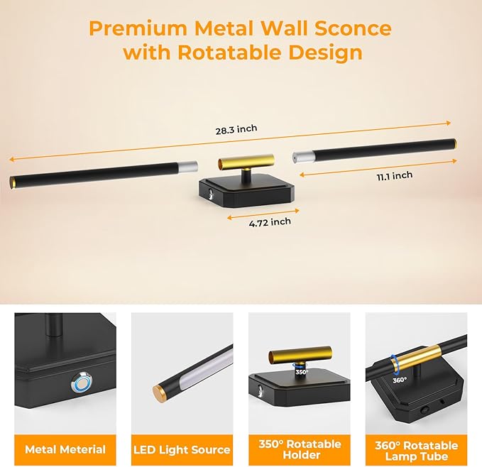 Battery Operated Wall Sconce Detachable 360°Rotate, Wireless Wall Lamp 3000-6500K Dimmable, 10000mAh Rechargeable Wall Light for Bedroom, Living Room，28.3" Black Gold 4 Pack