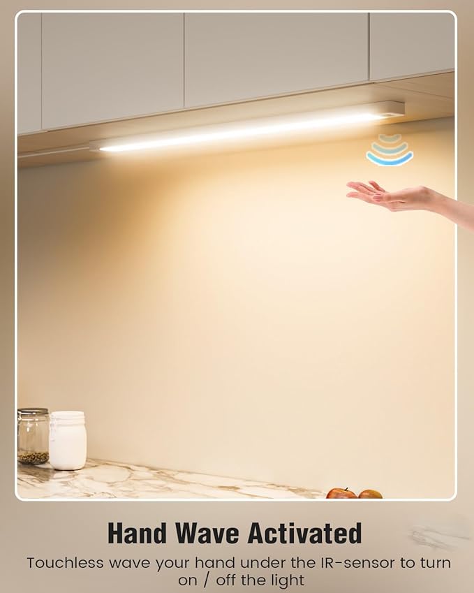 MYPLUS 24 Inch Under Cabinet Lights with Hand Wave, Under Counter Lighting 4000K Natural White,Dimmable,Plug and Play,LED Lights for Kitchen Cabinet, Cupboard, Closet, Desk