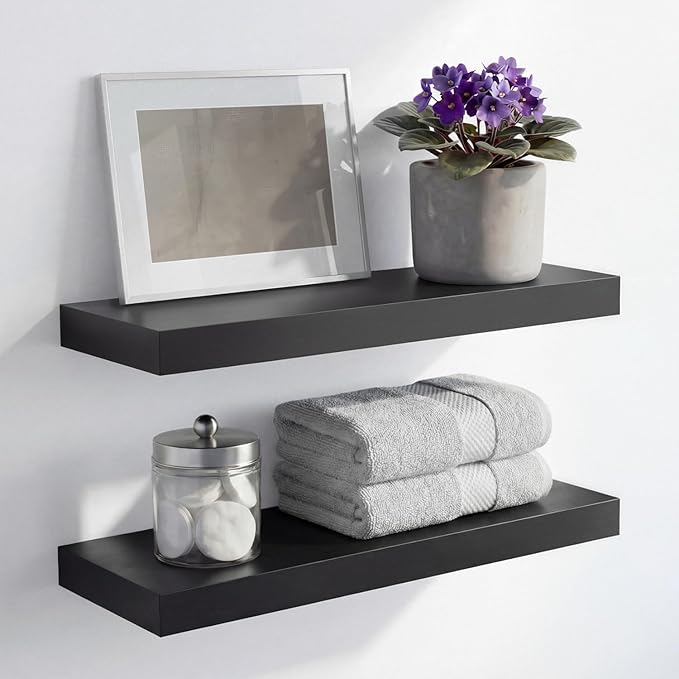 Homeforia Black Floating Shelf 20 inch, High End Solid Real Wood 20inch Bathroom Floating Shelves for Wall Mounted, Black Wooden 20in Floating Shelves, Heavy Duty Bracket, 20 X 6.5 X 1.75 in, Set of 2