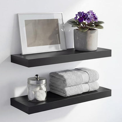 Homeforia Black Floating Shelf 20 inch, High End Solid Real Wood 20inch Bathroom Floating Shelves for Wall Mounted, Black Wooden 20in Floating Shelves, Heavy Duty Bracket, 20 X 6.5 X 1.75 in, Set of 2