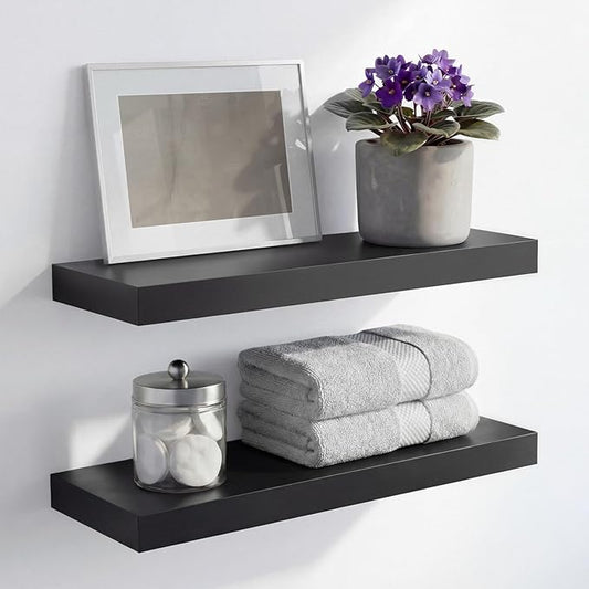 Homeforia Black Floating Shelf 20 inch, High End Solid Real Wood 20inch Bathroom Floating Shelves for Wall Mounted, Black Wooden 20in Floating Shelves, Heavy Duty Bracket, 20 X 6.5 X 1.75 in, Set of 3