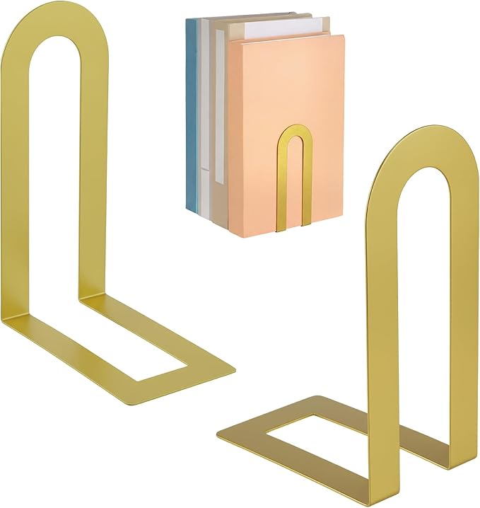 Chunful 2 Pcs Modern Metal Book Ends for Shelves Decorative Small Bookends Book Shelf Organizer Minimalist Design Stopper to Hold Books for Home Office (Gold,5.5 * 3.75 * 2.25inch)