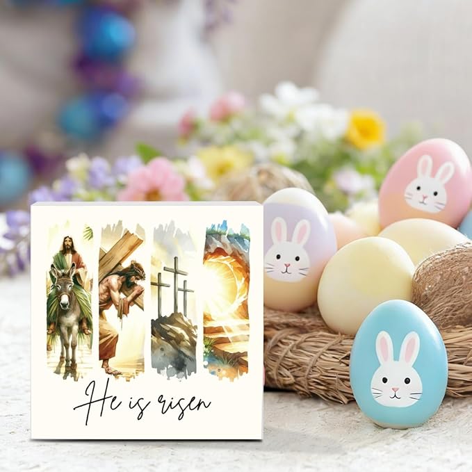 Christian Sign Christian Decor Decorations Rustic Farmhouse Religious Jesus Table Decorations for Home Office Desk Table Shelf Tiered Tray Decor He Is Risen Wooden Sign 5 X 5 Inch