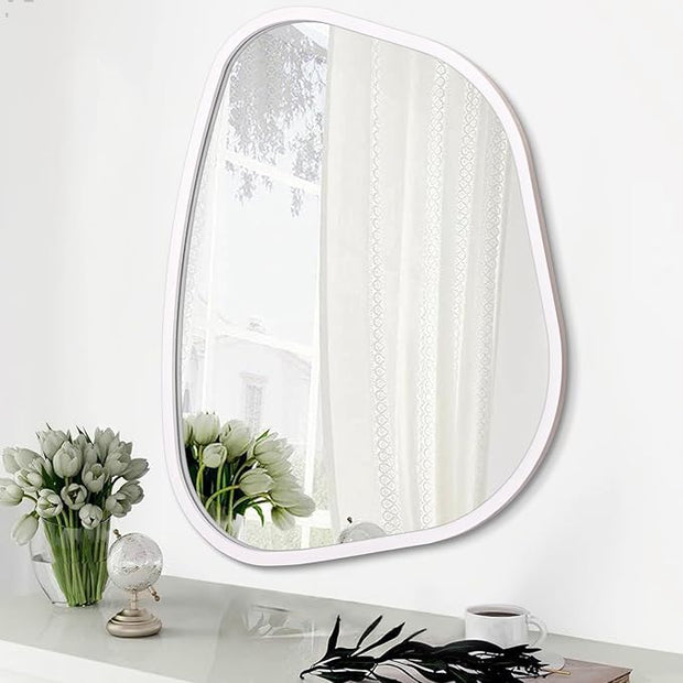 White Irregular Oval Wall Mirror Large 26"x18" Inches Asymmetrical Mirror Modern Wood Frame Unique Shape Wall Mounted Vanity Artistic Mirror Decor for Living Room Bedroom Bathroom Entryway
